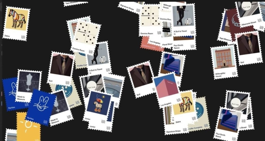 Collage of illustrated Collectors Club stamps representing Paul Smith stores, products, and milestones