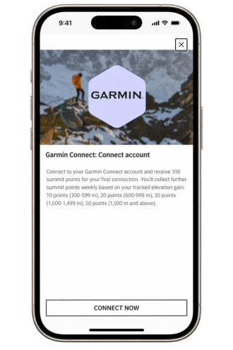 Garmin Connect account popup showing a 100 point signup bonus and weekly summit points tiered by elevation gain, with a Connect Now button