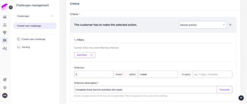 Screenshot of a workout challenge creation on Antavo’s loyalty platform