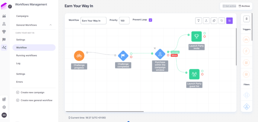 Screenshot showing a challenge workflow on Antavo’s loyalty platform