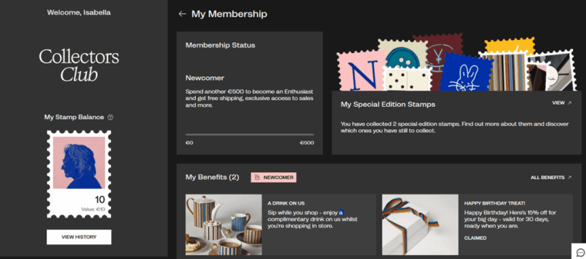 Screenshot of Paul Smith's Collectors Club member dashboard showing Newcomer tier status and stamp balance