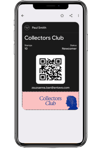 iPhone screen displaying the Paul Smith Collectors Club mobile wallet pass with stamp count and QR code