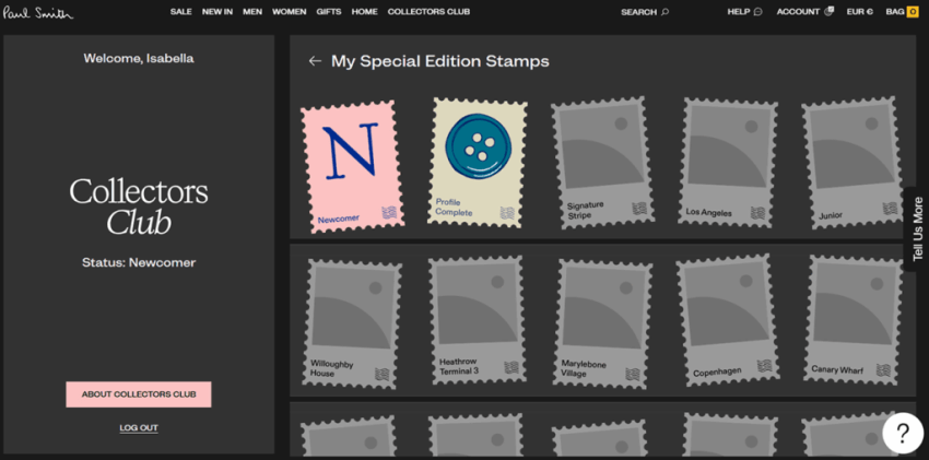 Screenshot of the Collectors Club special edition stamps grid, showing locked and unlocked stamps