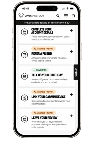 Vivobarefoot rewards screen listing milestone actions including account details, referrals, birthday, Garmin device linking, and leaving a review, each with a points value