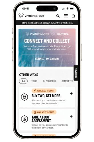 Vivobarefoot website banner promoting a Garmin device connection for 100 points, with additional reward actions listed below